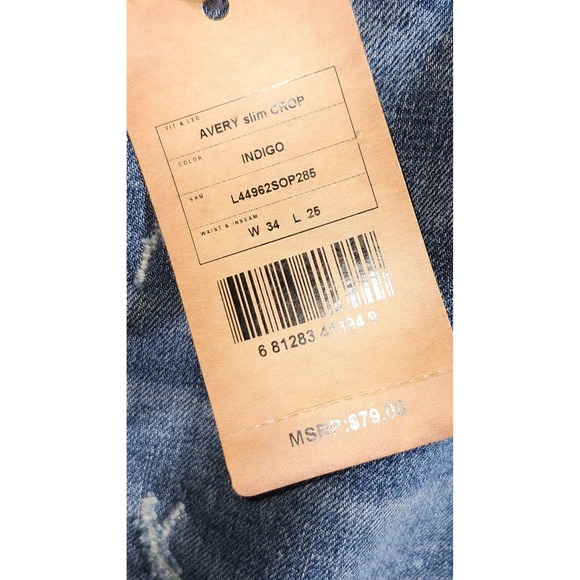 Silver Jeans Co Avery Slim Crop Indigo Distressed Button Fly Jeans W34 L25 - Picture 4 of 12